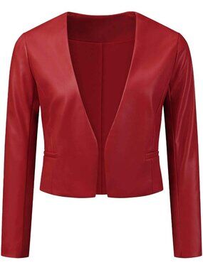 Women Wine Red Leather Crop Collarless Open Front Short Moto Biker Bomber Jacket